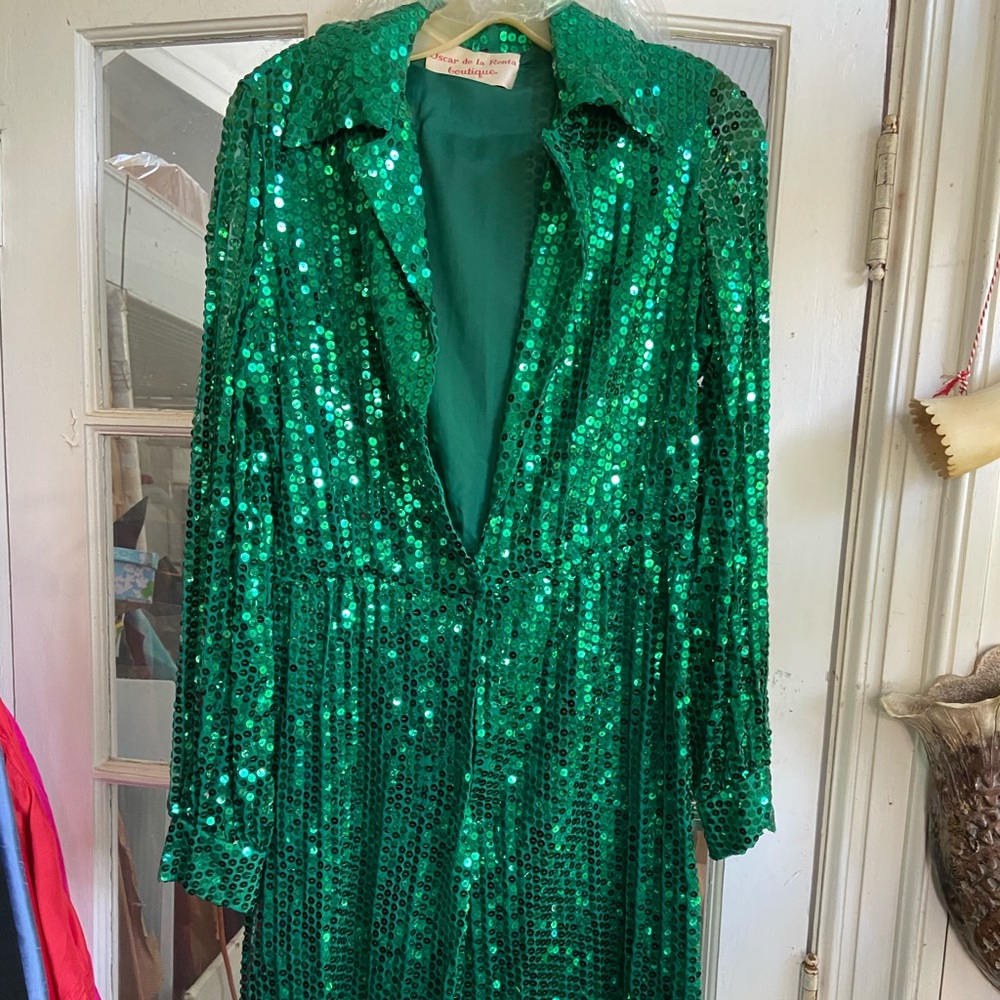 Green sequined dress, vintage Oscar de la rents